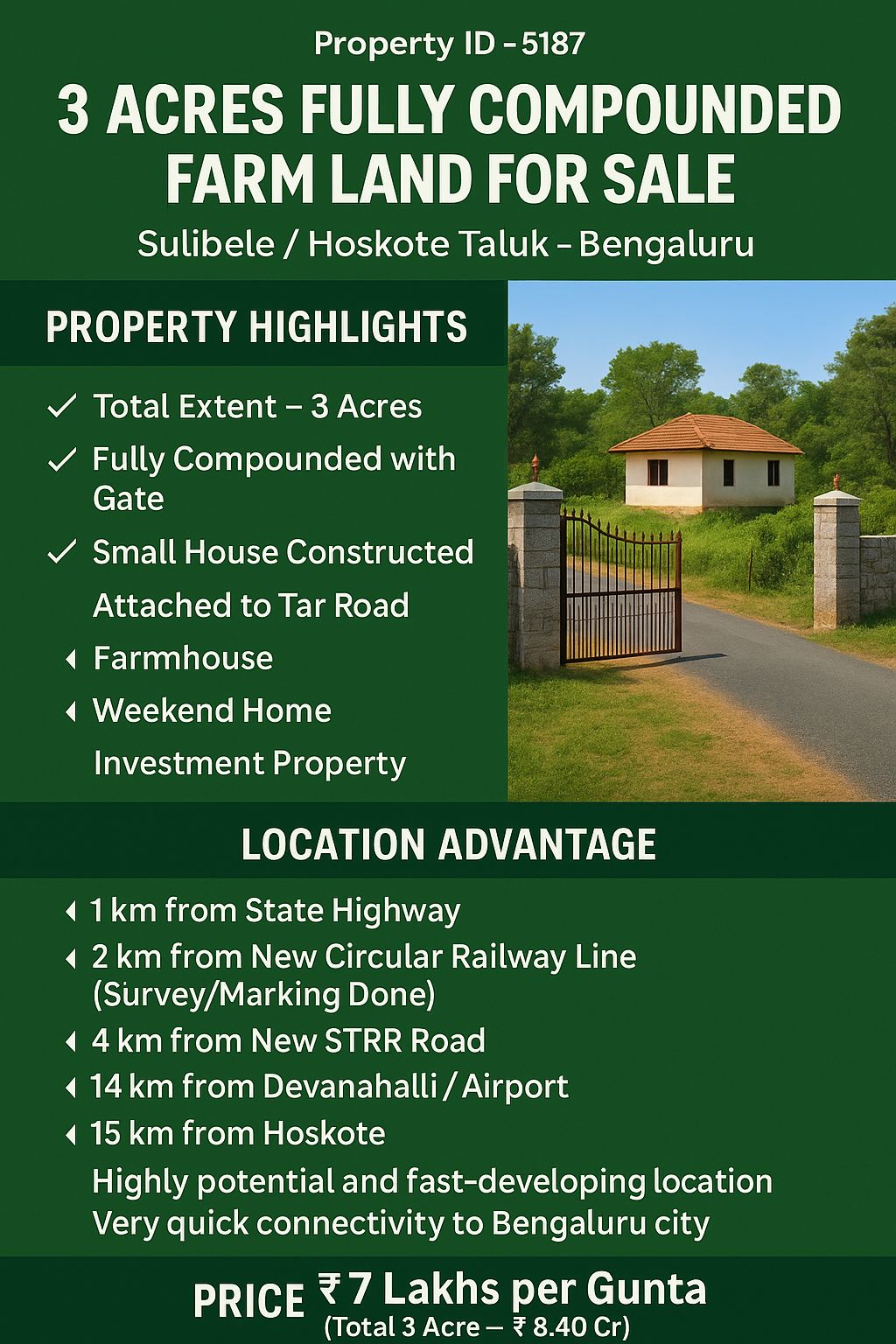 🆔 property id 5187  Farm Land for Sale – Sulibele / Hoskote talluk - Bengaluru